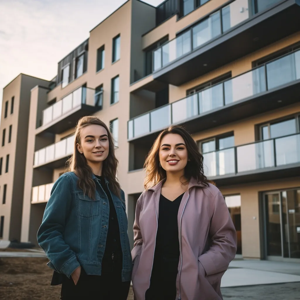 Two smiling young women in casual jackets standing in front of a new low-rise apartment building with glass balconies